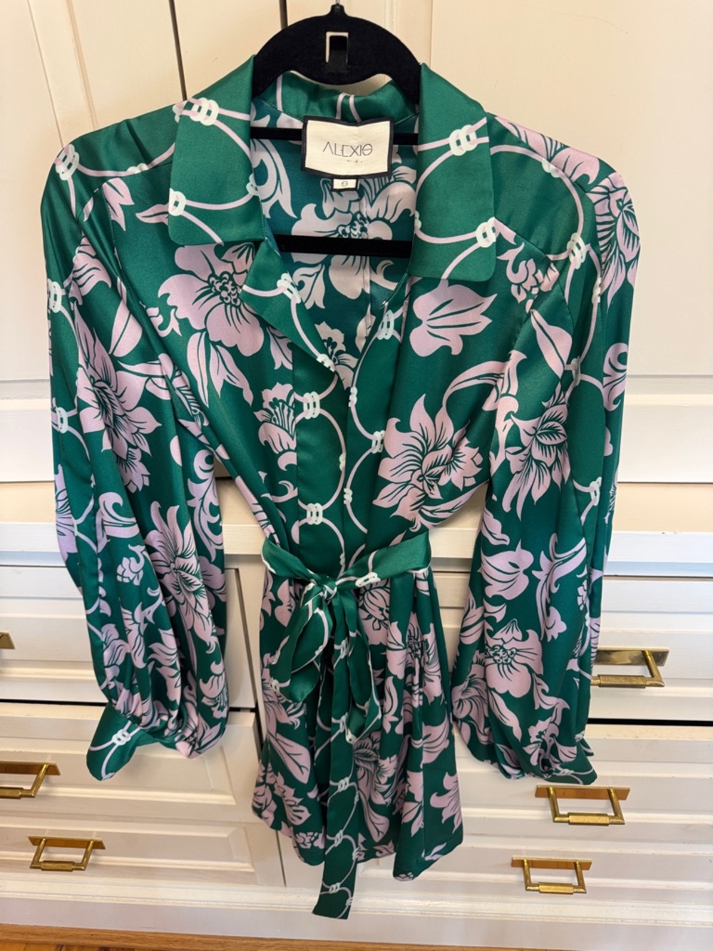 Alexis Emerald Green Satin Floral Wrap Dress with Pink Bloom
